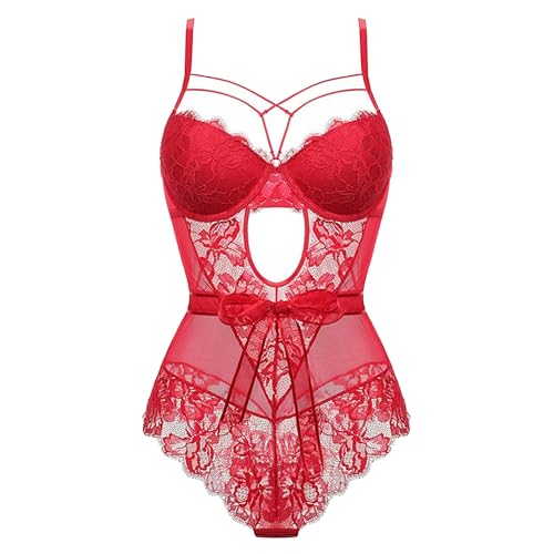 Ensemble de lingerie transparente en dentelle rouge 80D