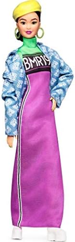 BMR1959 Fully Poseable Fashion Doll, Brunette, in Neon Motocross Dress, Denim Jacket and Beret, with Accessories and Doll Stand