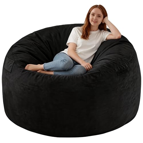 SIMFLAG 5FT Bean Bag Chair, Large Bean Bag Chairs with Memory Foam Filled, Fluffy Beanbag Sofa with Dutch Velvet Cover, Round BeanBag Chairs for Living Room, Playroom - Black