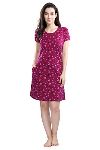 Image of DZZO Women's Cotton Pink and Blue Heart Print Knee Length Nightdress