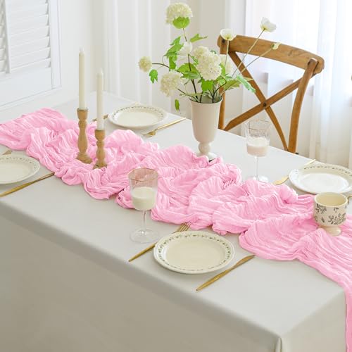 Cheesecloth Gauze Boho Rustic Table Runner - 35x120 Inch Long for Wedding, Baby & Bridal Showers (Pink) — view 5