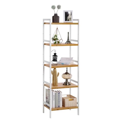 SONGMICS Bambus Regal, Küchenregal, Badregal, Bücherregal, Standregal mit 5 Ablagen, 31,5 x 45 x 142 cm, für Bad, Küche, Wohnzimmer, Schlafzimmer, Balkon, naturfarben-weiß BCB75WN