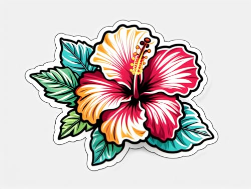 Image of Colorful Hibiscus Flower Sticker Tropical Floral Vinyl Decal Waterproof Aesthetic Flower Sticker for Laptop Water Bottle Car Bumper Notebook Scrapbook Summer Gift