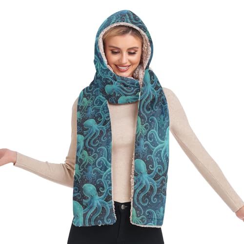 Bonnet d'hiver chaud idée cadeau femme écharpe et gants pieuvre bleue