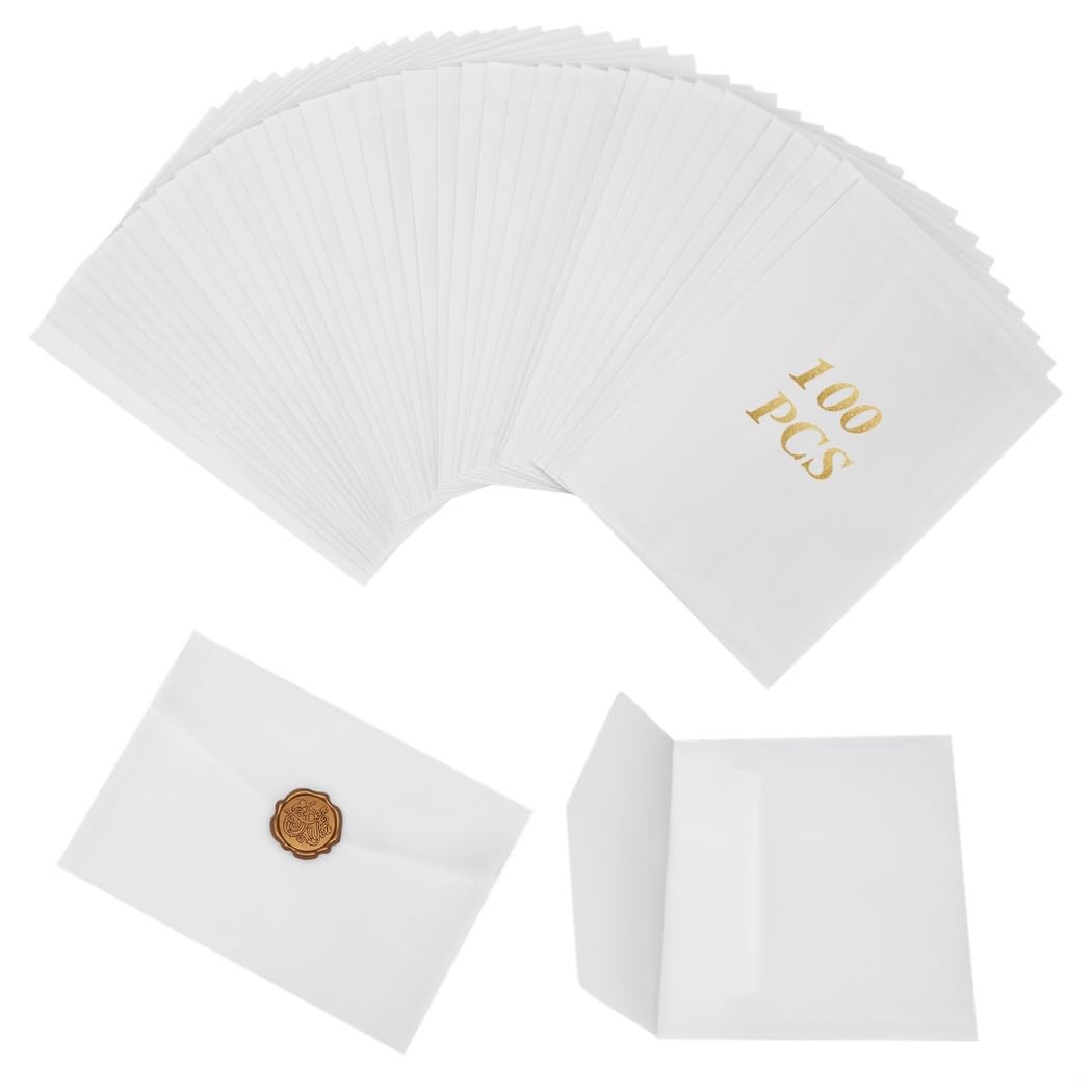 100 vorgefaltete Briefumschläge aus Pergamentpapier, 12,7 x 17,8 cm, Hochzeitseinladungs-Set mit Wachssiegeln, durchscheinende Postkartenhüllen für besondere Anlässe wie Babypartys, Geburtstage