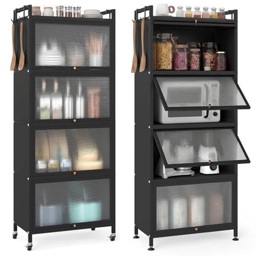 Giantex 5-Tier Kitchen Storage Cabinet Freestanding Metal Pantry Cabinet w/ 4 Flip-up PC Doors 4 Hooks & Adjustable Feet 60 Tall Bakers Rack Microwave Stand for Dining Room Living Room Black