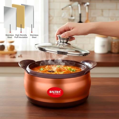 Image of BALTRA Crown Stainless Steel Serving Casserole Set 100% Food Grade with Glass Lid | PUF Insulated Chapati Casserole for Daily Use & Gifting | Hot Box /Roti Box (Crown Set of 2 (1000+1500ml)