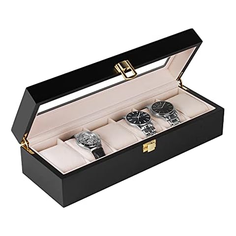 Baskiss Watch Box Organizer 6 Slots, Solid Wood Lockable Watch Case Velvet Interior with Clear Display Top for Men Women Cover