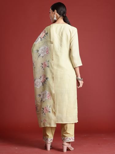 Image of INDO ERA Women's Linen Embroidered Straight Kurta and Pant with Dupatta Set (KH9PK9800)