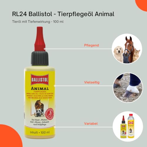 RL24 Ballistol - Tierpflegeöl Animal | Tieröl mit Tiefenwirkung | sanfte Pflege für Pferde, Hunde, Katzen & Co. | ideale Schweif-, Fell- & Hufpflege | für Heim-, Hof- & Haustiere | 1 x 100 ml