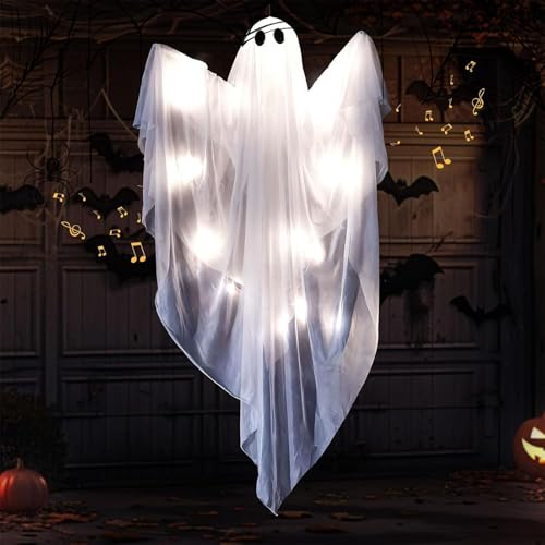 Decoración Fantasma Halloween Colgable con Luz LED Regulable y Efecto de Sonido 3