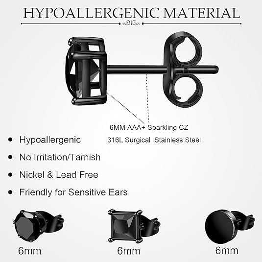 ONESING 2-3 Pairs Black Stud Earrings for Men Stainless Steel Mens Earrings Stud Hypoallergenic Square Round Cubic Zirconia Stud Earrings Set for Multiple Piercing-18G/20G - Image 2