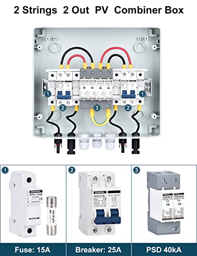 DIHOOL Caixa combinadora solar fotovoltaica para painéis solares 2 cordas 25 Amp caixa de junção DC5