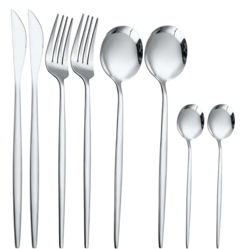 Image of 8 pcs Flatware Set, Silver Silverware Set for 2, Knife Fork Spoon, Stainless Steel Home Dinnerware Tableware,Mixed Cutlery Set Eating Utensils for Restaurants (8 Pcs Silver)