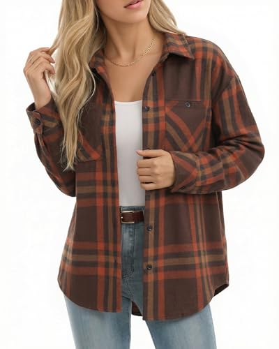 MANGOPOP Year-Round Flannel Shirt for Women - Lightweight Oversized Long Sleeve Button Down Plaid for Effortless Layering Brown Orange Plaid Large