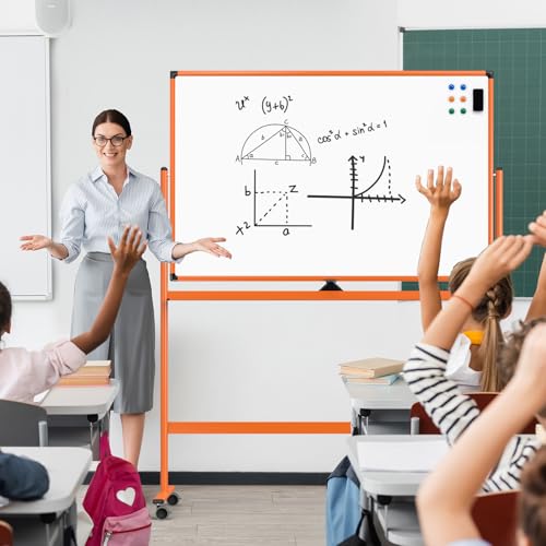 Image of Large Dry-Erase Rolling Magnetic Whiteboard - 48 x 32 Inches Dry Erase Board with Stand Height Adjust Double Sides Mobile White Board Easel on Wheels with 25 Sheets Paper Pad Office, Home & Classroom