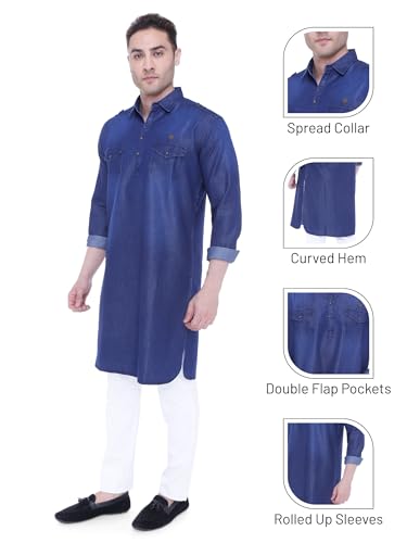 Image of Kuons Avenue Men's Tailored Fit Denim Long Pathani Kurta | Shirt Collar - Ideal for Festivals & Cultural Events