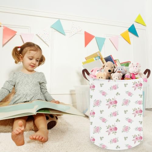 Image of Pink Flower Laundry Basket,Nursery Baskets Girl Baby Storage Bins,Baby Girls Nursery Hamper,Waterproof foldable laundry basket,Gift Baskets,Pink Rose room Decor(Pink Rose)