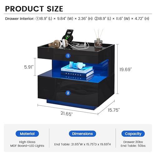 Image of HNEBC High‑Gloss LED Nightstand Set of 2 for Bedroom | Motion‑Sensor 3‑Color Lighting, Hidden Storage Compartment, Gun Drawers, USB, Type‑C & Wireless Charging Station-Black Night Stand Set 2