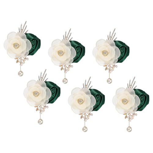 Boutonnieres de rosa de seda verde oscuro 6 piezas flores de solapa para boda y novio