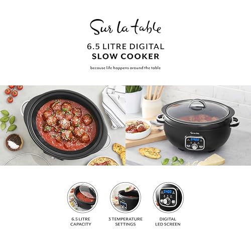 Sur La Table SLT16011BLK Core 6.5 Litre Digital Slow Cooker for Stews, Casseroles and Meat with Digital LED Screen, 3 Temperature Functions, Removable Aluminium Pot, Energy Saving, 320W, Black - Image 2