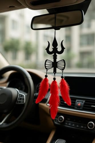 Image of Handmade Dream Catcher Car Ornament - Stylish Rear View Mirror Hanging Accessory - Elegant Car Interior Decoration - Good Luck & Positive Energy Charm (1, Shiva Trishul)