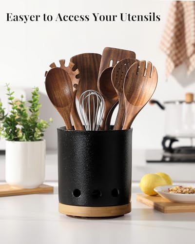 Image of LoeJan 360 Rotating Ceramic Utensil Holder for Kitchen Countertop - Cooking Utensil Crock Organizer with Non-Slip Cork Base for Farmhouse Kitchen Decor, Textured Black