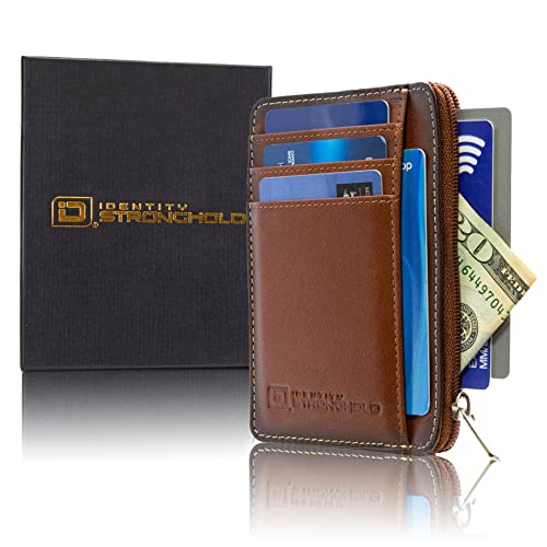Image of ID Stronghold RFID Blocking Front Pocket Wallet - Slim Minimalist Genuine Leather Wallet with Zipper Coin Pocket (Antiqued Brown)