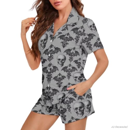 Image of Renewold Women's Short Sleeve Pajama Set Button Down Sleepwear with Notch Collar Soft Lounge Top and Shorts with Pockets
