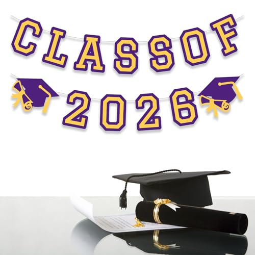 Image of Class of 2026 Graduation Banner University College Grad Garlands Decoration Party Supplies High School Colors Purple Yellow