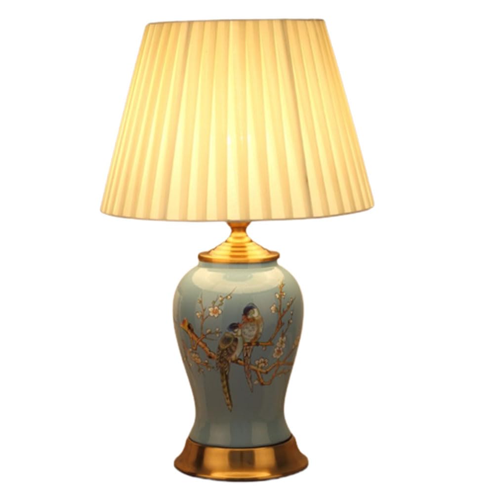 SGKOMN 21.2" Chinoiserie Ceramic Table Lamp Traditional Bedside Desk Nightstand Lamp With Flower And Bird Pattern For Bedroom Living Room Office College Bookcase-A