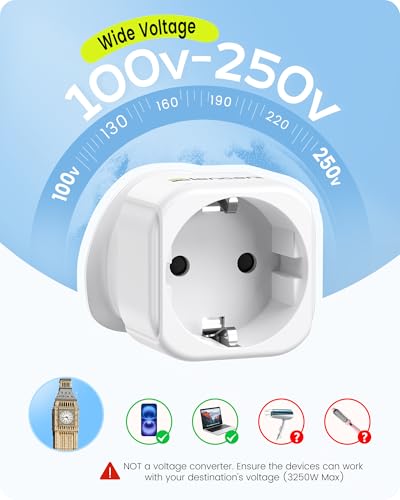 LENCENT 2X EU to UK Plug Adapter, Europe Schuko 2 Pin to 3 Pin UK Travel Adaptor, European Euro to British Adapter- 2 Pack, White - Image 6