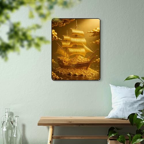 Image of SAF Golden Wealth Ship Wall Art | Treasure Ship Sailing Painting with Black Frame & Sparkle Lamination | Money Attraction Vastu Decor for Office Shop Home (14 Inch x 11 Inch) K-36114