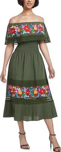 Image of YZXDORWJ Women Embroidered Mexican Peasant Casual Sexy Lace Off-Shoulder Long Dress