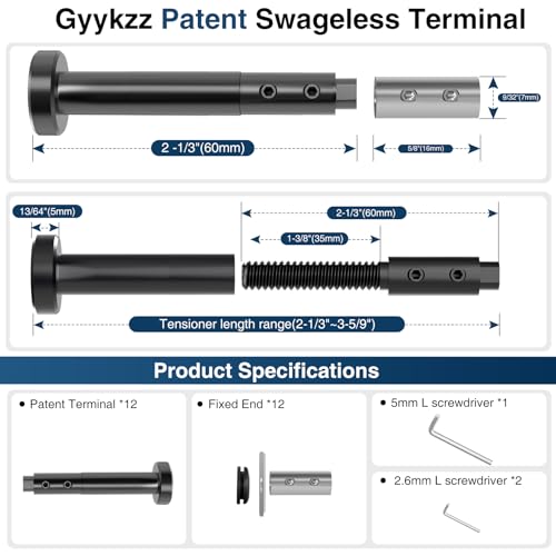 Image of Patented 1 /8 inch Swageless Invisible Cable Railing Kit Hardware for Stair Cable Railing System (Black, Terminal & Fixed End-24 Pack)