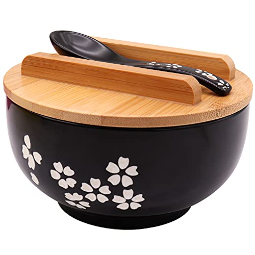 XCMVCN Bol Ramen avec couvercle 1000 ml bol Ramen en céramique noire Premium japonais pour nouilles instantanées soupes nouilles Pho Udon Soba