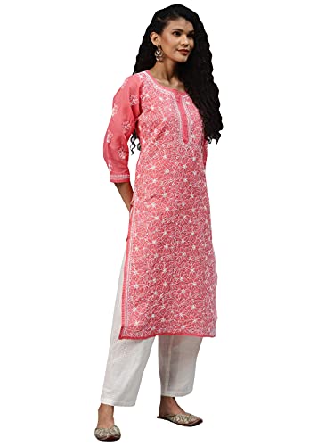 Image of Ada Women's Cotton Straight Fit Straight Hand Embroidered Lucknowi Chikankari Kurta Kurti A411165