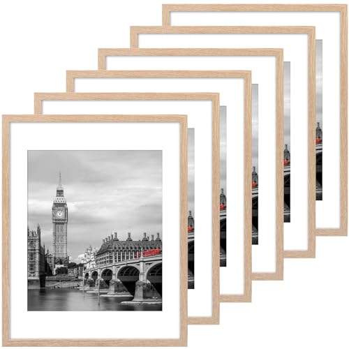 Fixwal 11x14 Picture Frame Set of 6 with Shatter Resistant Plastic Glass Thin Border and Light Weight Photo Frames for Wall Natural