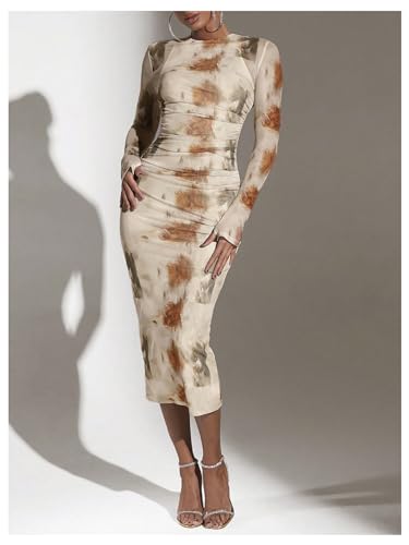 Image of GORGLITTER Women's Mesh Long Sleeve Bodycon Midi Dress Fall Cocktail Birthday Dinner Wedding Guest Going Out Dresses