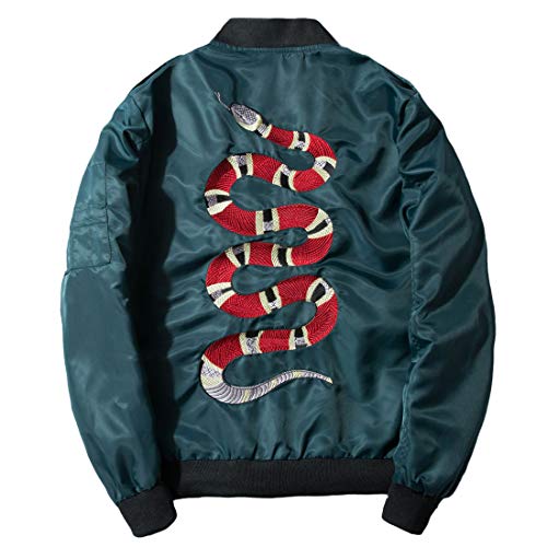 CHARTOU Men's Classic Snake-Embroidery Lightweight Flight Baseball Jacket Windbreaker (Medium, Green)