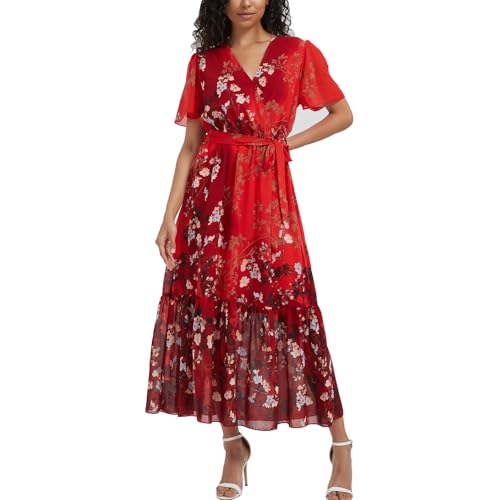 Image of Women's Summer Bohemian Floral Chiffon Dress Cap Sleeve V Neck Ruffle Long Flowy Boho Casual Vacation Dresses