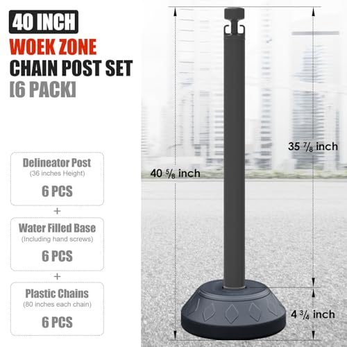 OranLite 6-Set Pack 40\" inch Black Work Zone Chain Post Set, Traffic Queue Delineator Post Cones, 6 x 6.6\' Feet Plastic Chains, Portable Crowd Control Stanchions Set (Black - Fillable Base)