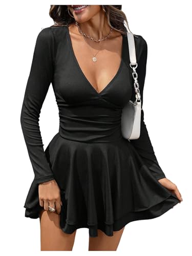 GORGLITTER Women's Deep V Neck Tiered Ruffle Mini Dresses Long Sleeve Ruched A Line Swing Sexy Clubwear Dress Black X-Large