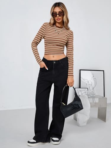 Milumia Women's Retro Fitted Long Sleeve Striped T Shirt Colorful Ribbed Crew Neck Fall Crop Top4