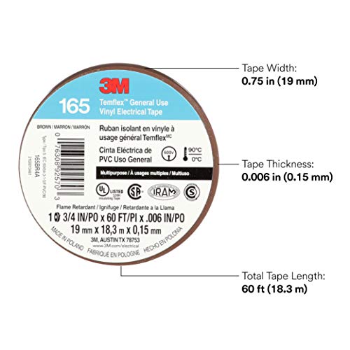 Image of 3M Temflex Vinyl Electrical Tape 165, 3 /4 in x 60 ft, Brown, 10 Roll Pack | Multi-Purpose, 19 mm x 18 m