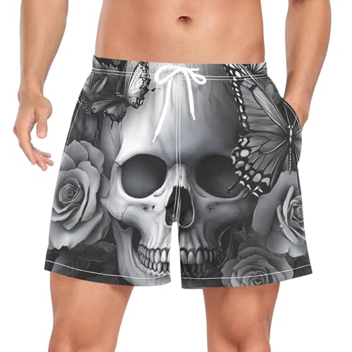 Men's Swim Trunks Skull Butterfly Black, Quick Dry Beach Board Shorts with Liner, Swimwear Bathing Suits S