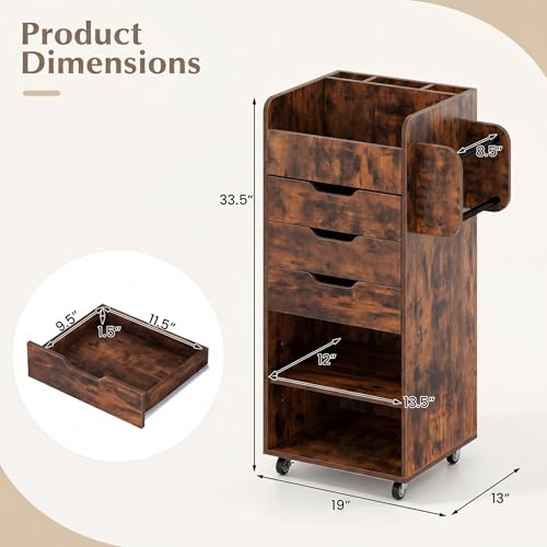 Image of Tangkula Rolling Storage Cart with Drawers, Industrial Aesthetics Organizer Cart w /Lockable Casters, Makeup Utility Cart w /3 Shelves, Slots & Dowels, Storage Cabinets on Wheels, Home Office Craft Cart