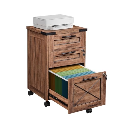 DEVAISE 3-Drawer File Cabinet with Hanging Files, Mobile Rolling Storage Cabinet for Home Office, Printer Stand, Farmhouse Style, Oak