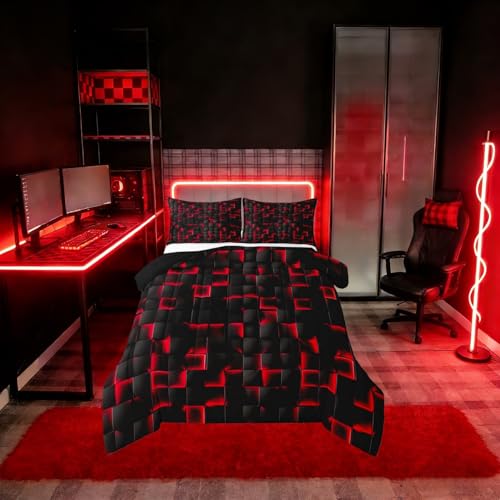 Image of Erosebridal Boys Red and Black Comforter Set King Geometric Checkered Kids Bedding Set Teen Men Gaming Room Decor,Abstract Ombre Plaid Comforter Grids Quilt Duvet