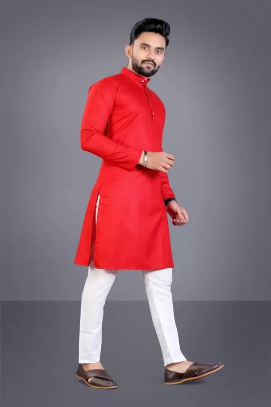 Image of weltpocket Men's Cotton Blend Solid Straight Kurta Pyjama